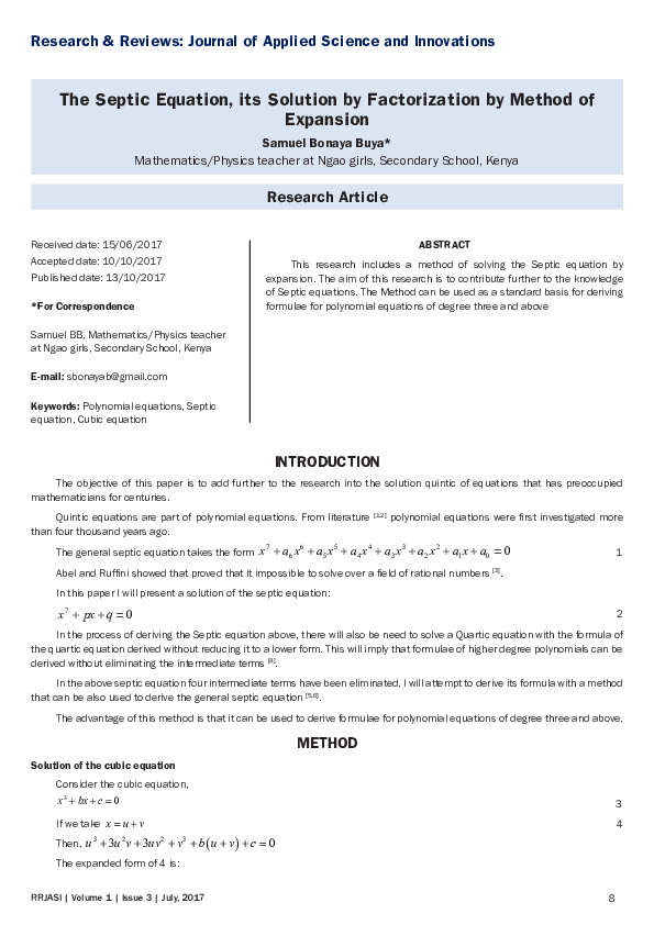 (PDF) The Septic Equation, its Solution by Factorization by Method ...
