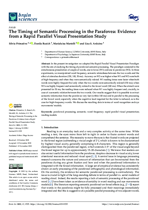(PDF) The Timing of Semantic Processing in the Parafovea: Evidence from ...