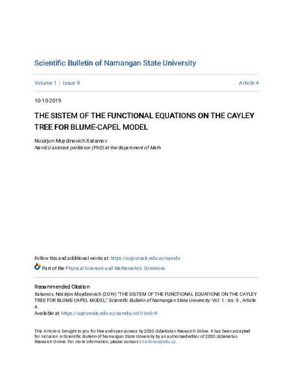 (PDF) The Sistem of the Functional Equations on the Cayley Tree for ...
