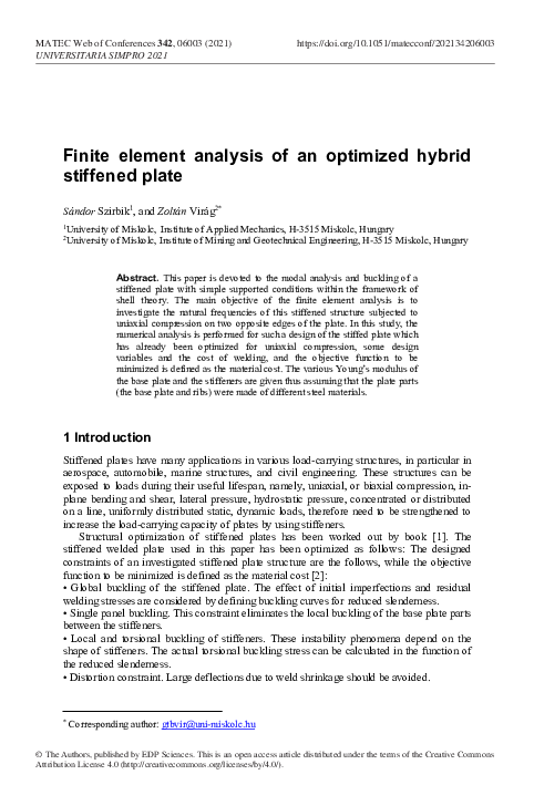 (PDF) Finite element analysis of an optimized hybrid stiffened plate