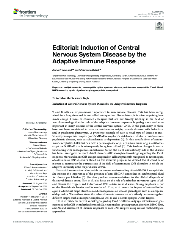 (PDF) Editorial: Induction of Central Nervous System Disease by the ...