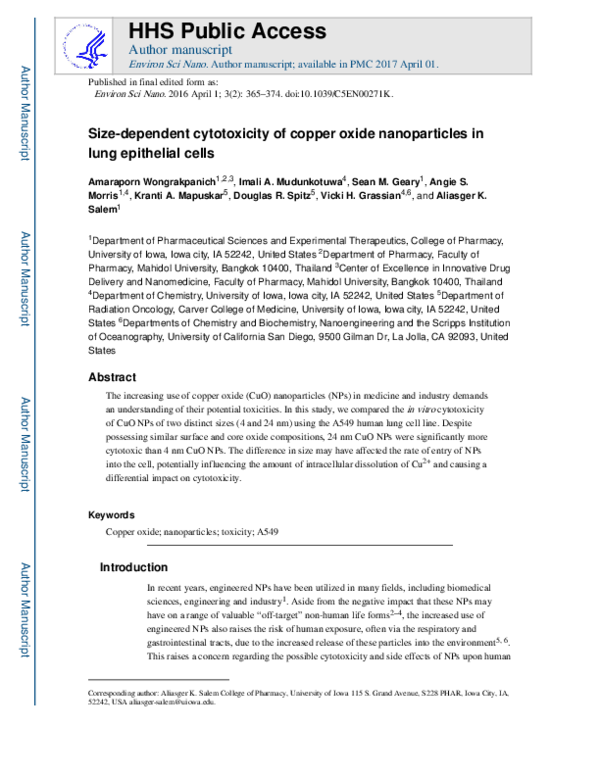 (PDF) Size-dependent cytotoxicity of copper oxide nanoparticles in lung ...