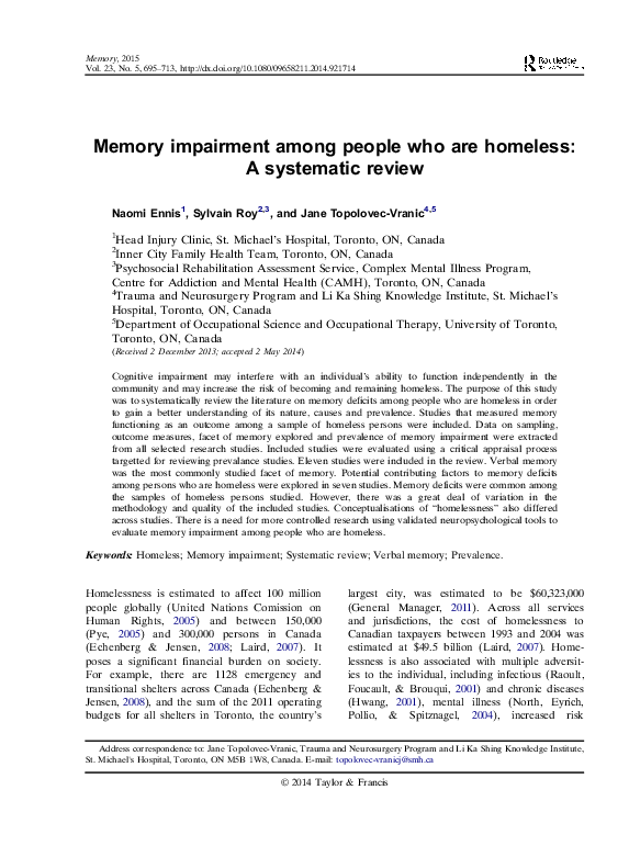 (PDF) Memory impairment among people who are homeless: A systematic review