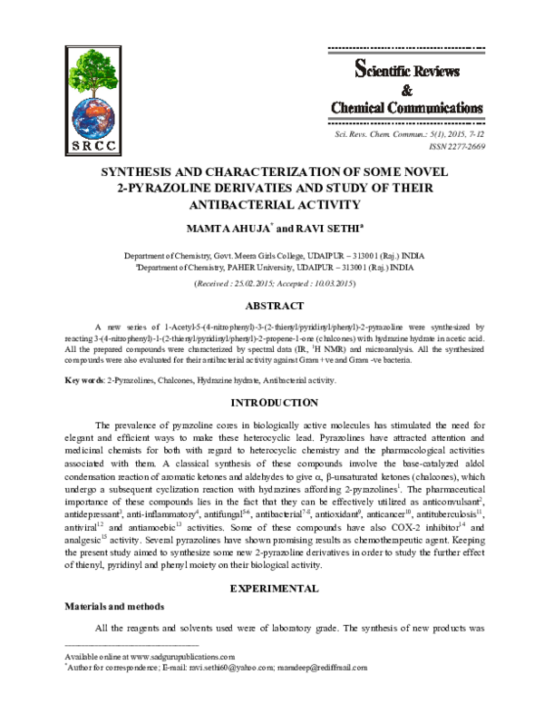 (PDF) Synthesis and Characterization of Some Novel 2-pyrazoline ...