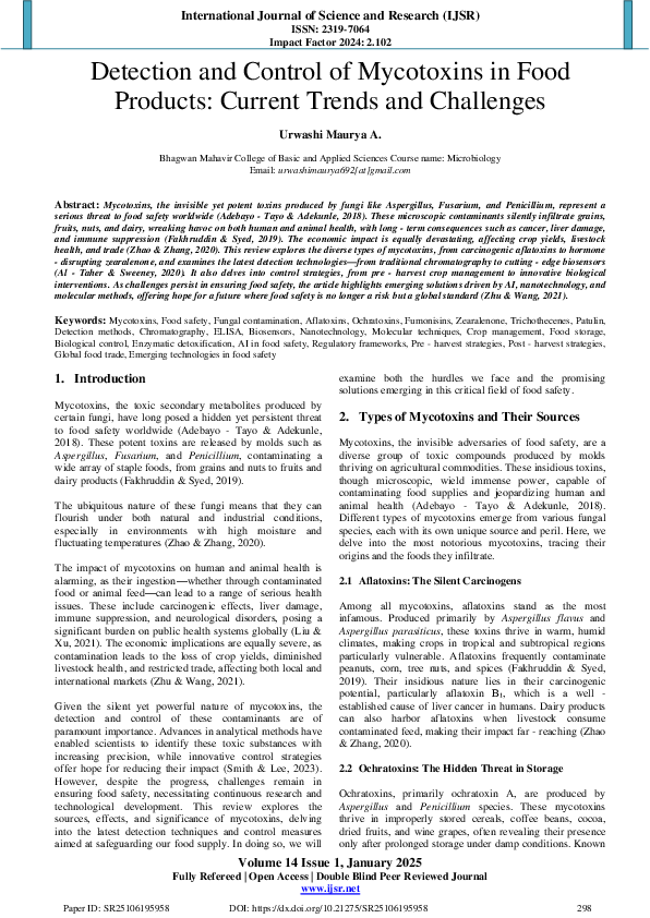 (PDF) Detection and Control of Mycotoxins in Food Products: Current ...