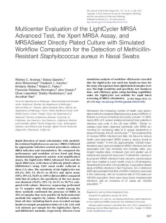 (PDF) Multicenter Evaluation of the LightCycler MRSA Advanced Test, the ...