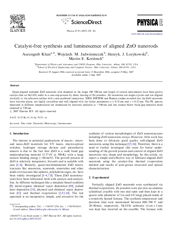 (PDF) Catalyst-free synthesis and luminescence of aligned ZnO nanorods