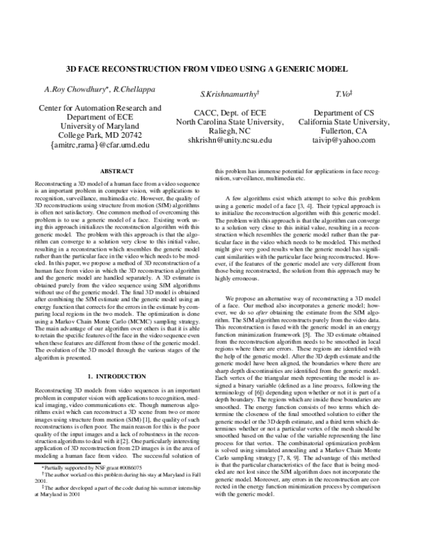 (PDF) 3D face reconstruction from video using a generic model