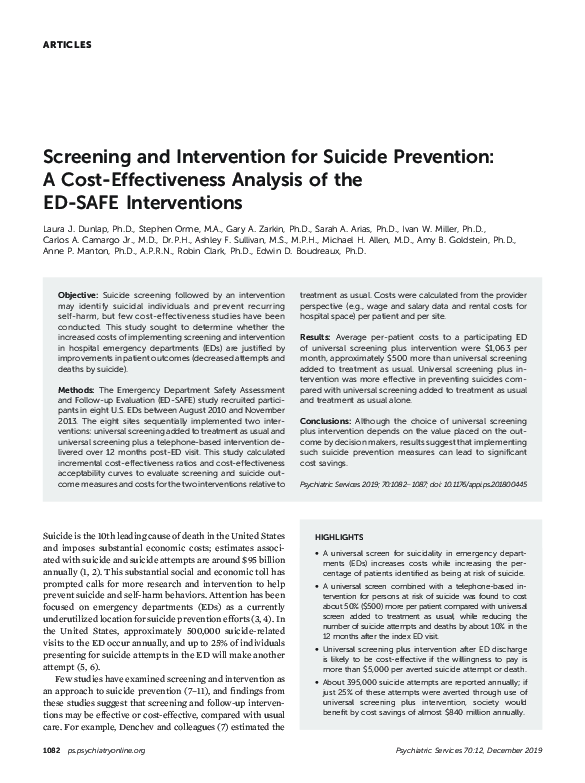 (PDF) Screening and Intervention for Suicide Prevention: A Cost ...