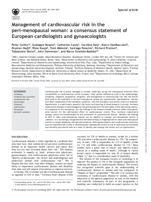 (PDF) Management of cardiovascular risk in the peri-menopausal woman: a ...