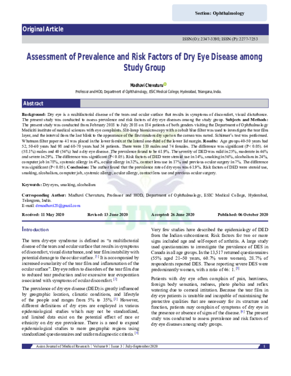 (PDF) Assessment of Prevalence and Risk Factors of Dry Eye Disease ...