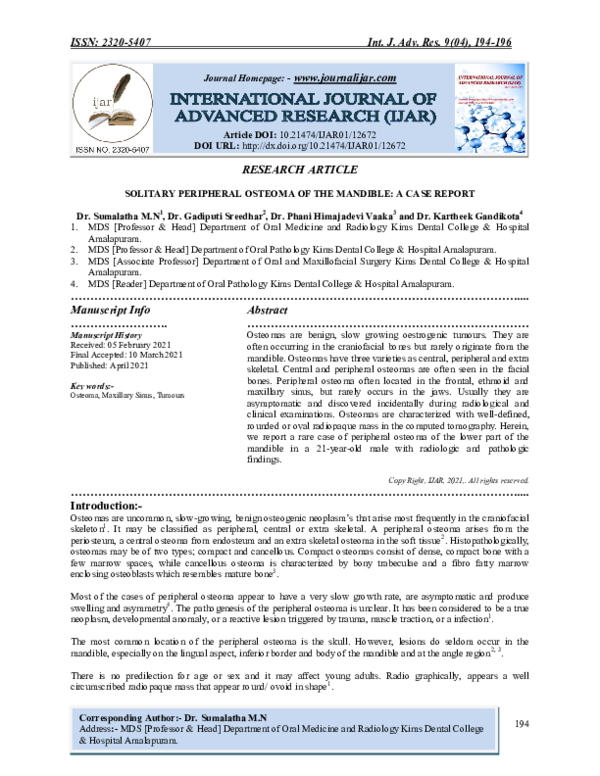 (PDF) Solitary Peripheral Osteoma of the Mandible: A Case Report