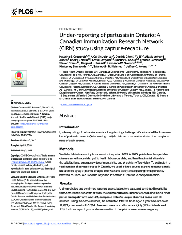 (PDF) Under-reporting of pertussis in Ontario: A Canadian Immunization ...