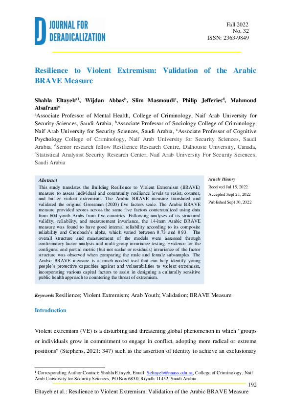 (PDF) Resilience to Violent Extremism Validation of the Arabic BRAVE ...