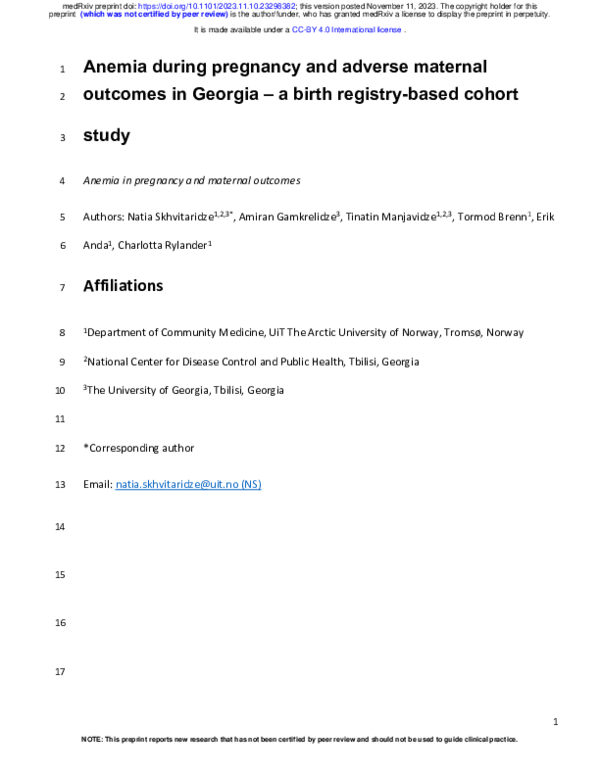 (PDF) Anemia during pregnancy and adverse maternal outcomes in Georgia ...