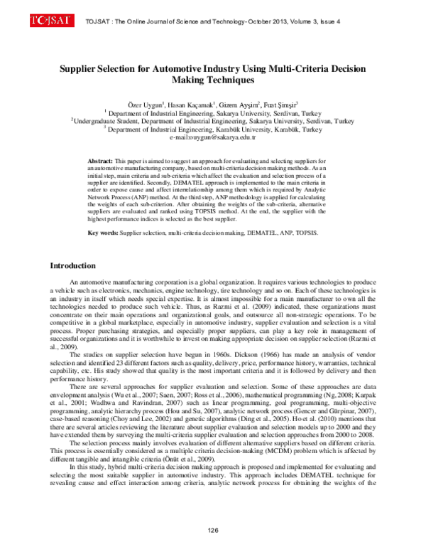 Pdf Supplier Selection For Automotive Industry Using Multi Criteria