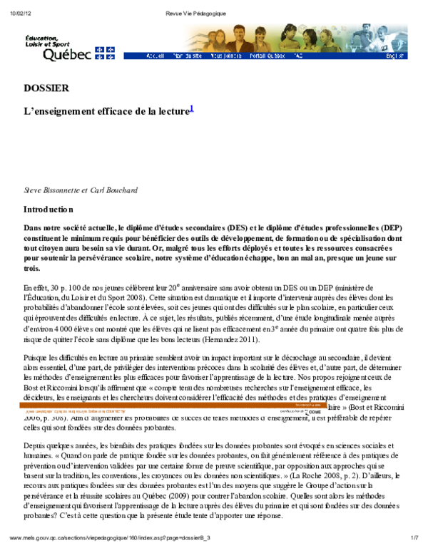(PDF) L'enseignement efficace de la lecture
