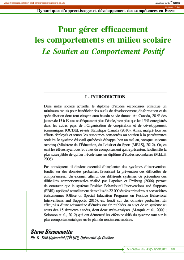 (PDF) Pour gérer efficacement les comportements en milieu scolaire: Le ...