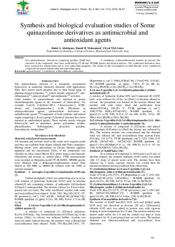(PDF) Synthesis and biological evaluation studies of Some quinazolinone ...