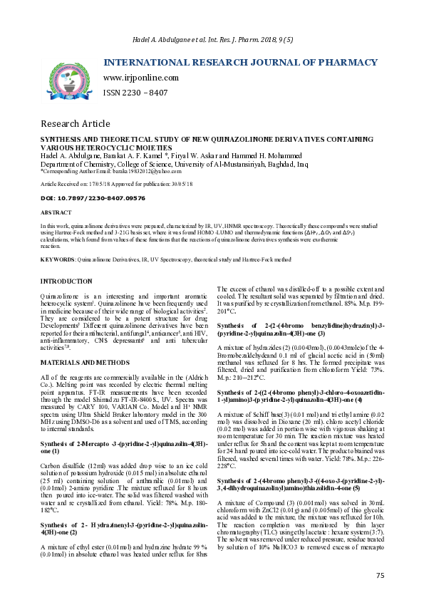 (PDF) SYNTHESIS AND THEORETICAL STUDY OF NEW QUINAZOLINONE DERIVATIVES ...