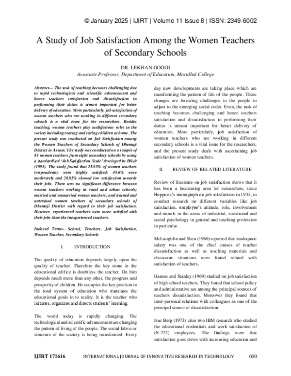 (PDF) A STUDY OF JOB SATISFACTION AMONG THE WOMEN TEACHERS OF SECONDARY ...