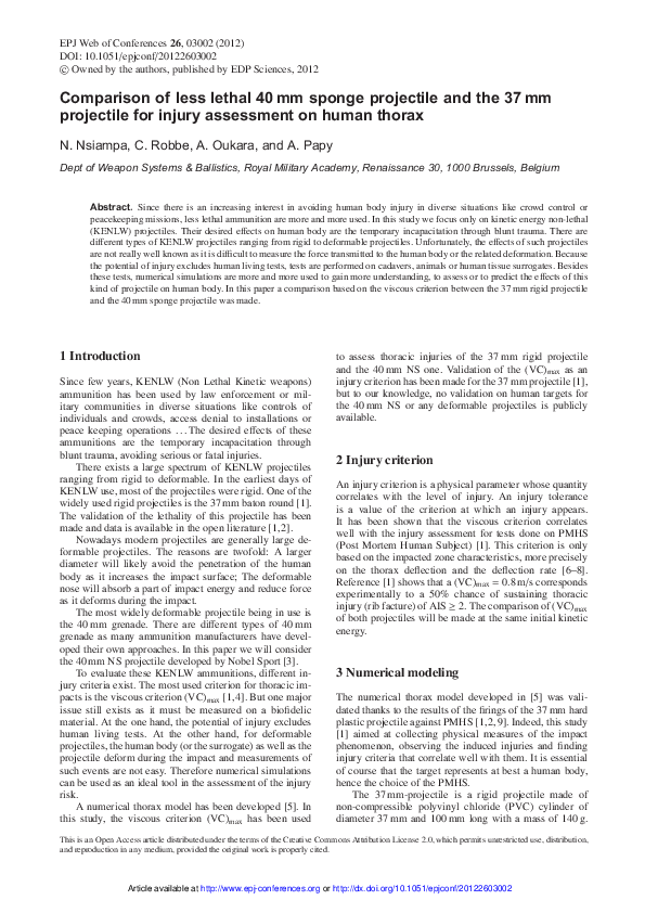 (PDF) Comparison of less lethal 40 mm sponge projectile and the 37 mm ...