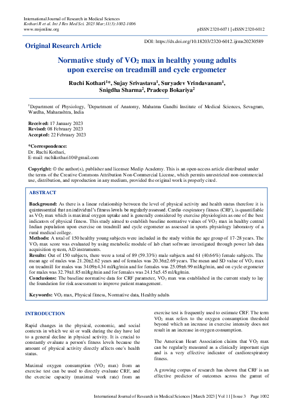 (PDF) Normative study of VO2 max in healthy young adults upon exercise ...