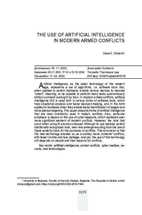 (PDF) Use of artificial intelligence in contemporary wars IvanaZ Vojno delo