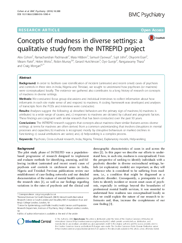 (PDF) Concepts of madness in diverse settings: a qualitative study from ...