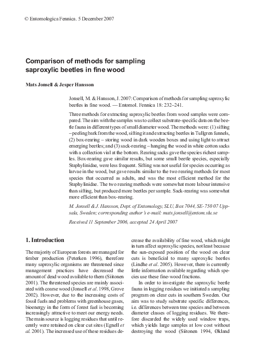 (PDF) Comparison of methods for sampling saproxylic beetles in fine wood