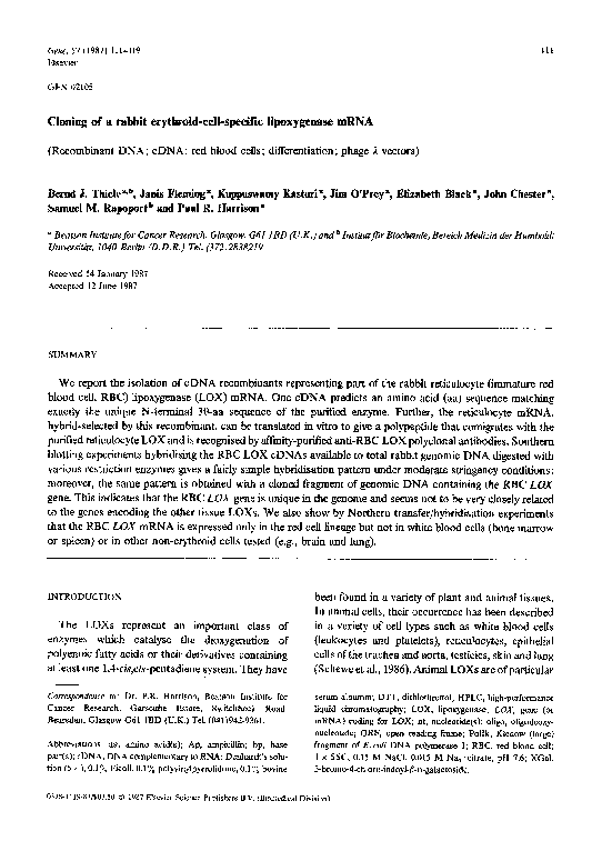 (PDF) Cloning of a rabbit erythroid-cell-specific lipoxygenase mRNA