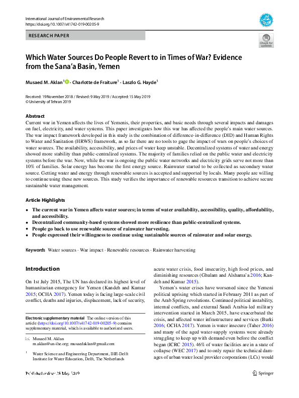 (PDF) Which Water Sources Do People Revert to in Times of War? Evidence ...