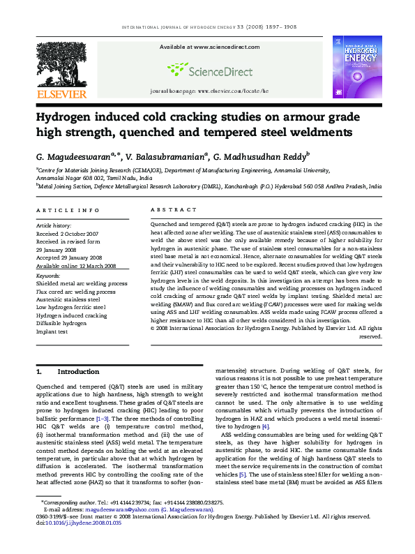 (PDF) Hydrogen induced cold cracking studies on armour grade high ...