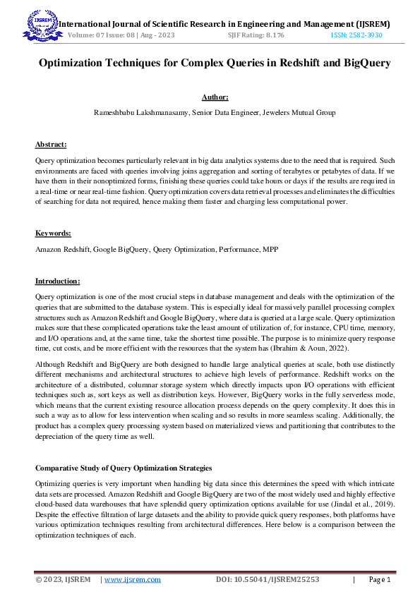 (PDF) Optimization Techniques for Complex Queries in Redshift and BigQuery