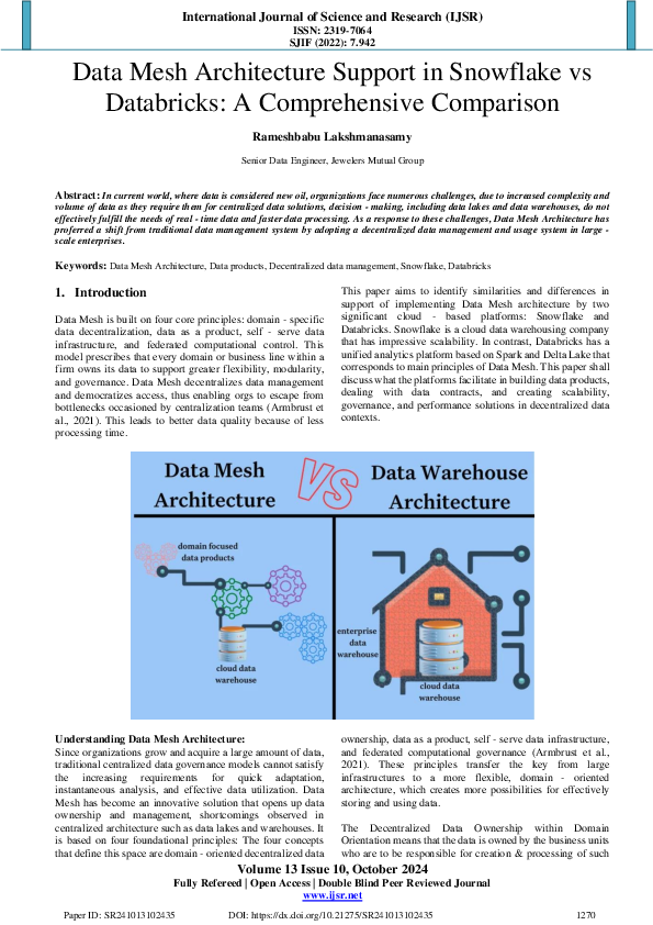 (PDF) Data Mesh Architecture Support in Snowflake vs Databricks: A ...