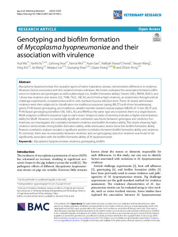 (PDF) Genotyping and biofilm formation of Mycoplasma hyopneumoniae and ...