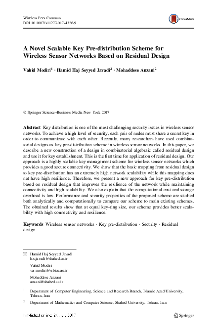 (PDF) A Novel Scalable Key Pre-distribution Scheme for Wireless Sensor ...