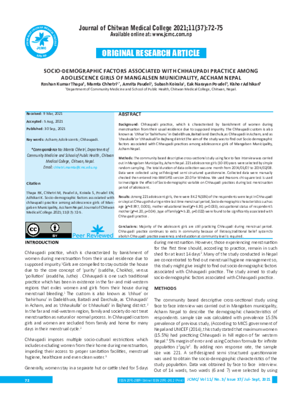 (PDF) Socio-Demographic Factors Associated with Chhaupadi Practice ...