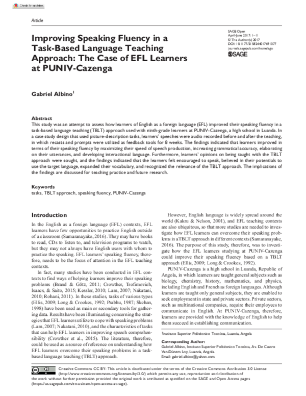 (PDF) Improving Speaking Fluency in a Task-Based Language Teaching ...