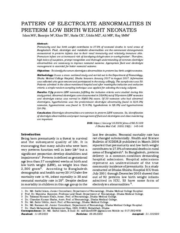 (PDF) Pattern of Electrolyte Abnormalities in Preterm Low Birth Weight ...