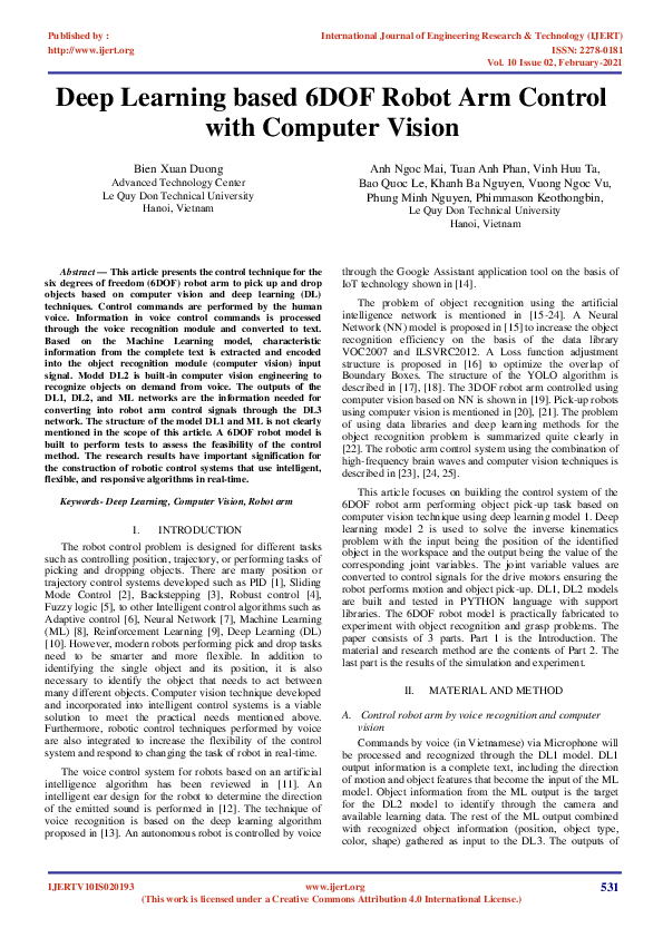 (PDF) Deep Learning based 6DOF Robot Arm Control with Computer Vision