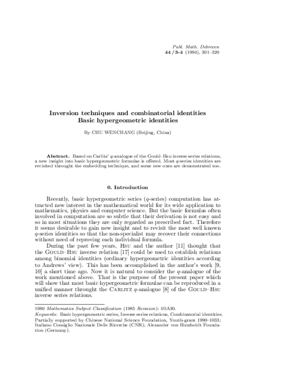 (PDF) Inversion techniques and combinatorial identities. Basic ...
