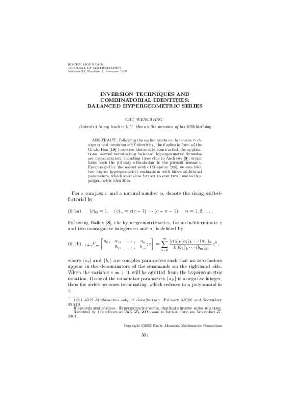 (PDF) Inversion Techniques and Combinatorial Identities: Balanced ...