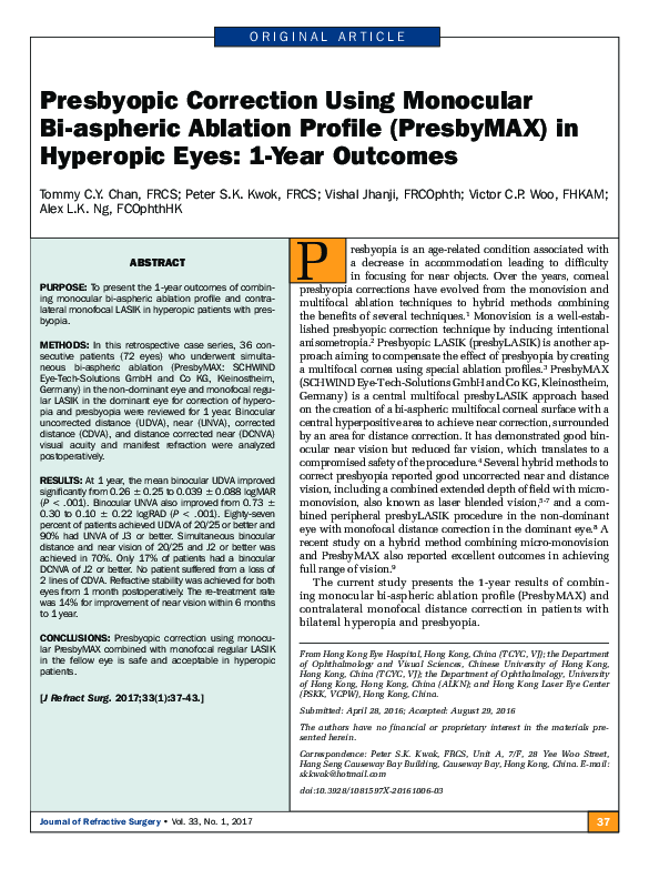 (PDF) Presbyopic Correction Using Monocular Bi-aspheric Ablation ...