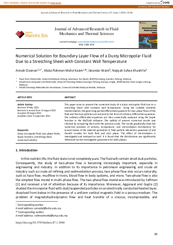 (PDF) Numerical Solution for Boundary Layer Flow of a Dusty Micropolar ...