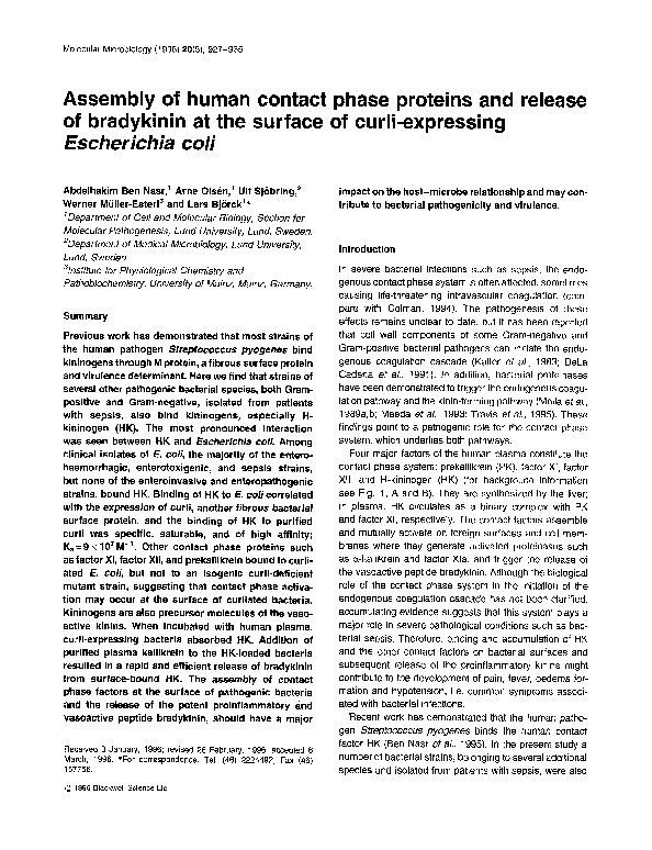 (PDF) Assembly of human contact phase proteins and release of ...