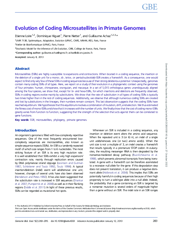 (PDF) Evolution of Coding Microsatellites in Primate Genomes