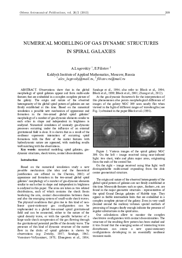 (PDF) Numerical Modelling of Gas Dynamic Structures in Spiral Galaxies