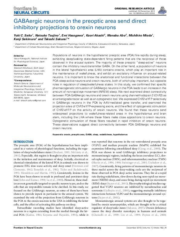 (PDF) GABAergic neurons in the preoptic area send direct inhibitory ...