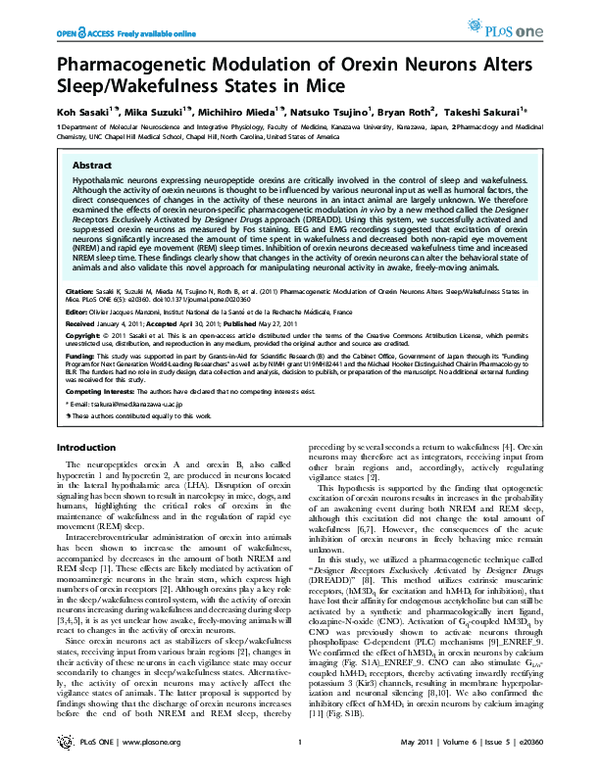 (PDF) Pharmacogenetic modulation of orexin neurons alters sleep ...